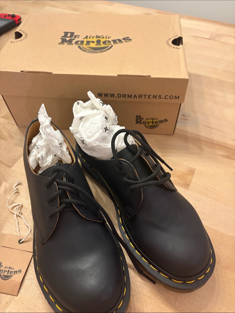 Dr. Martens Women’s Black Leather 3-Eye Shoes with Yellow Stitching